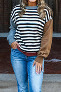 Gray Striped Panels Colorblock Sleeve Chic Sweater