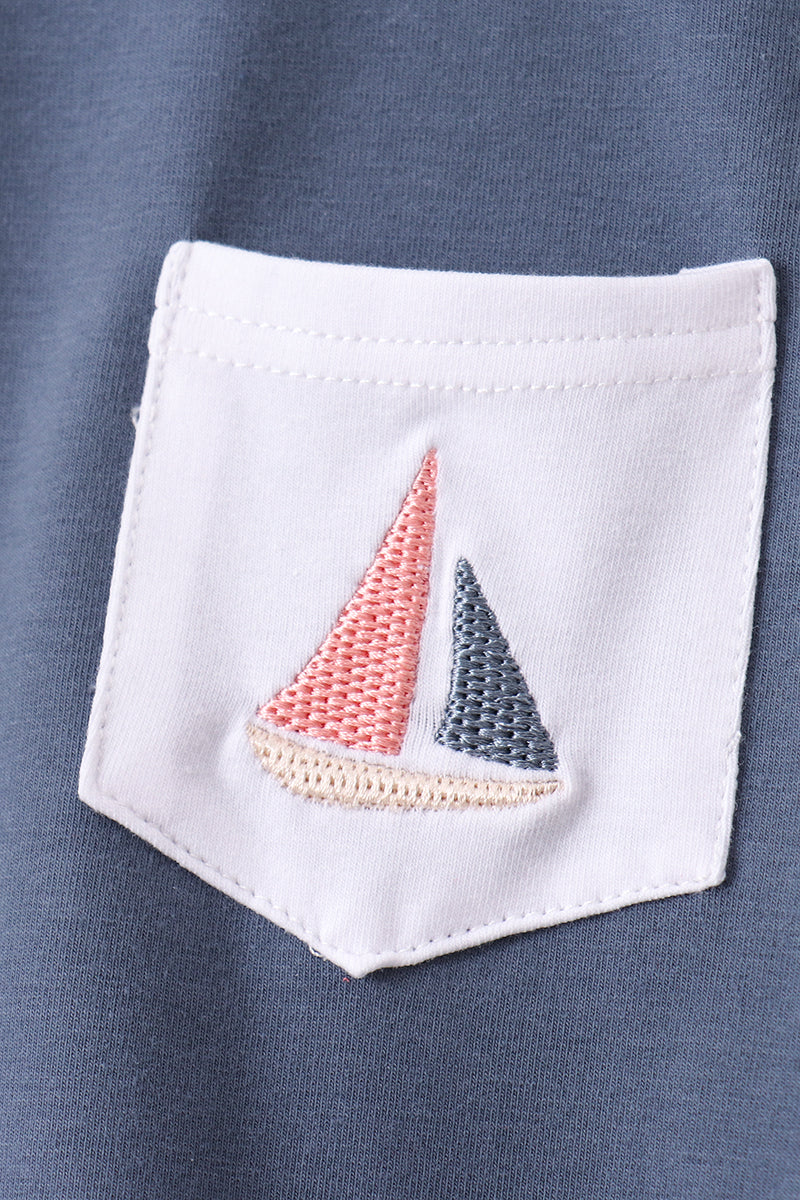 Blue Sailboat Print Shorts Set