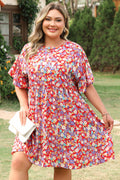 Red Dainty Flower Printed Plus Size Short Sleeve Shift Dress