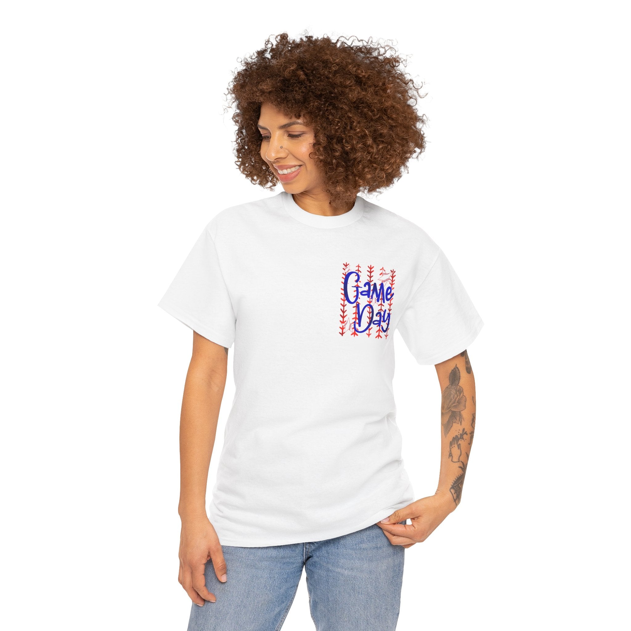Game Day T-Shirt — Blue & Red Baseball Stitch Design