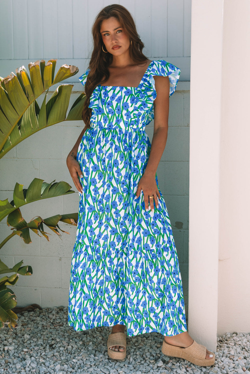 Pink Floral Print Easter Neck Ruffled Strap Maxi Dress
