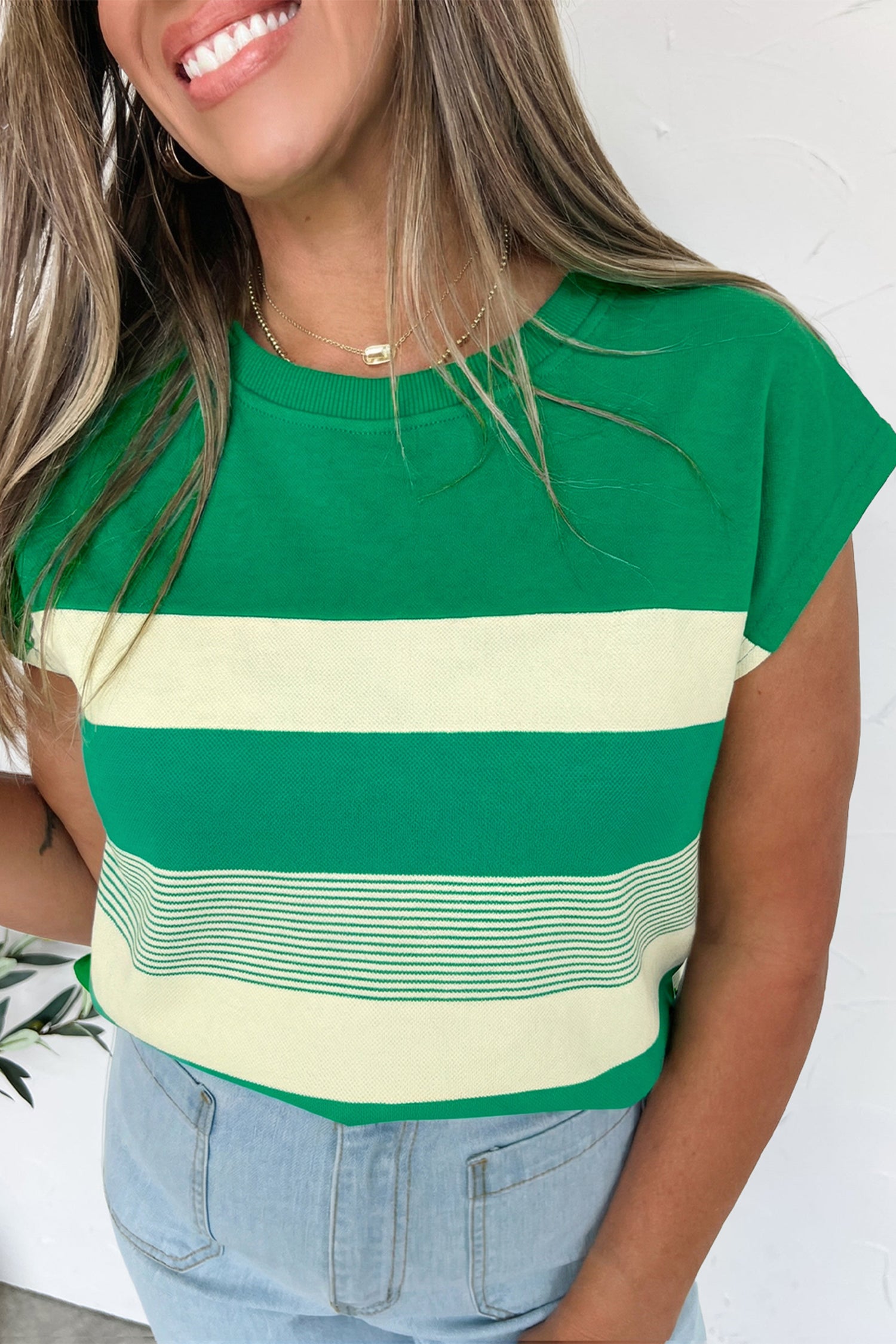 Black Stripe Mixed Print Crew Neck Cap Sleeve T Shirt