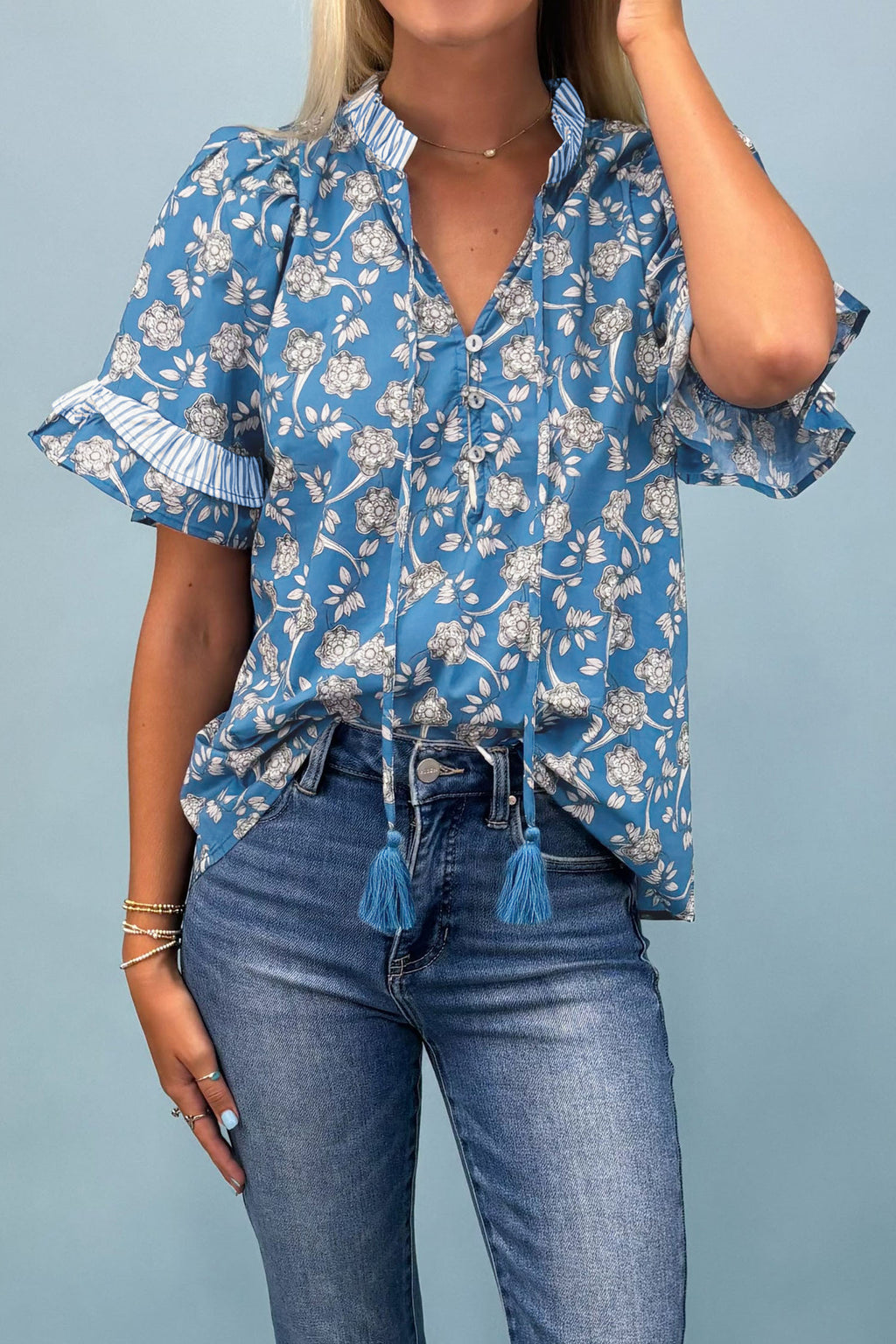 Blue Floral Print Button Tie Neck Striped Detail Short Sleeve Blouse