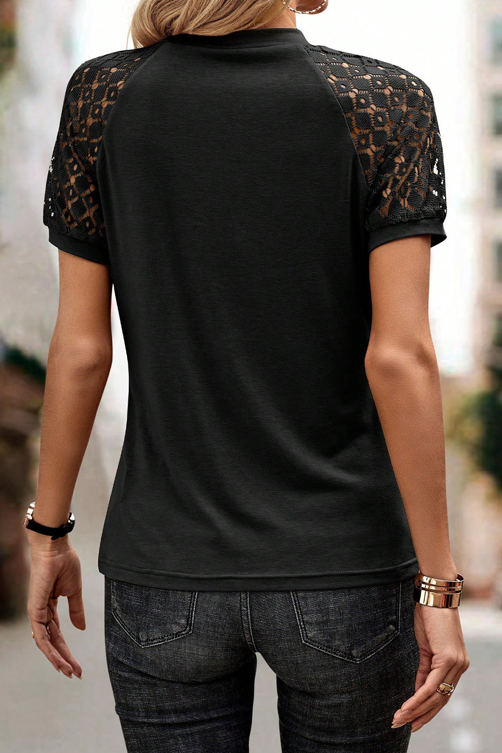 White Seamed Detail Contrast Lace Raglan Sleeve Tee
