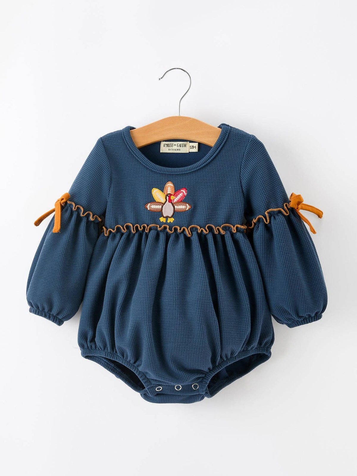 Thanksgiving Fall Turkey Applique Waffle Baby Girls Romper