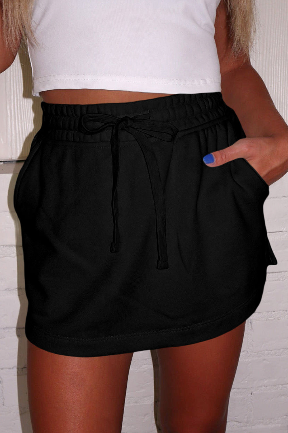 Light Green French Terry Drawstring Elastic Waistband Mini Skort with Pockets