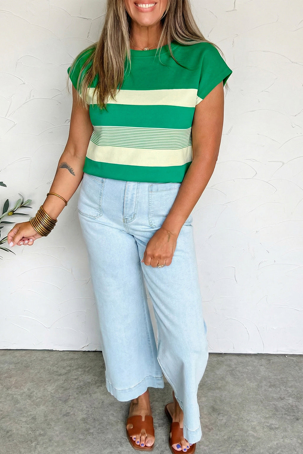 Black Stripe Mixed Print Crew Neck Cap Sleeve T Shirt