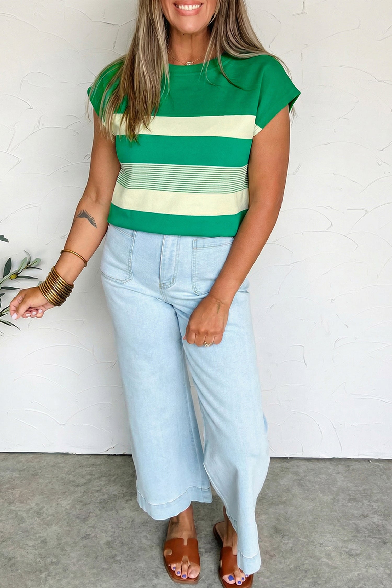 Black Stripe Mixed Print Crew Neck Cap Sleeve T Shirt