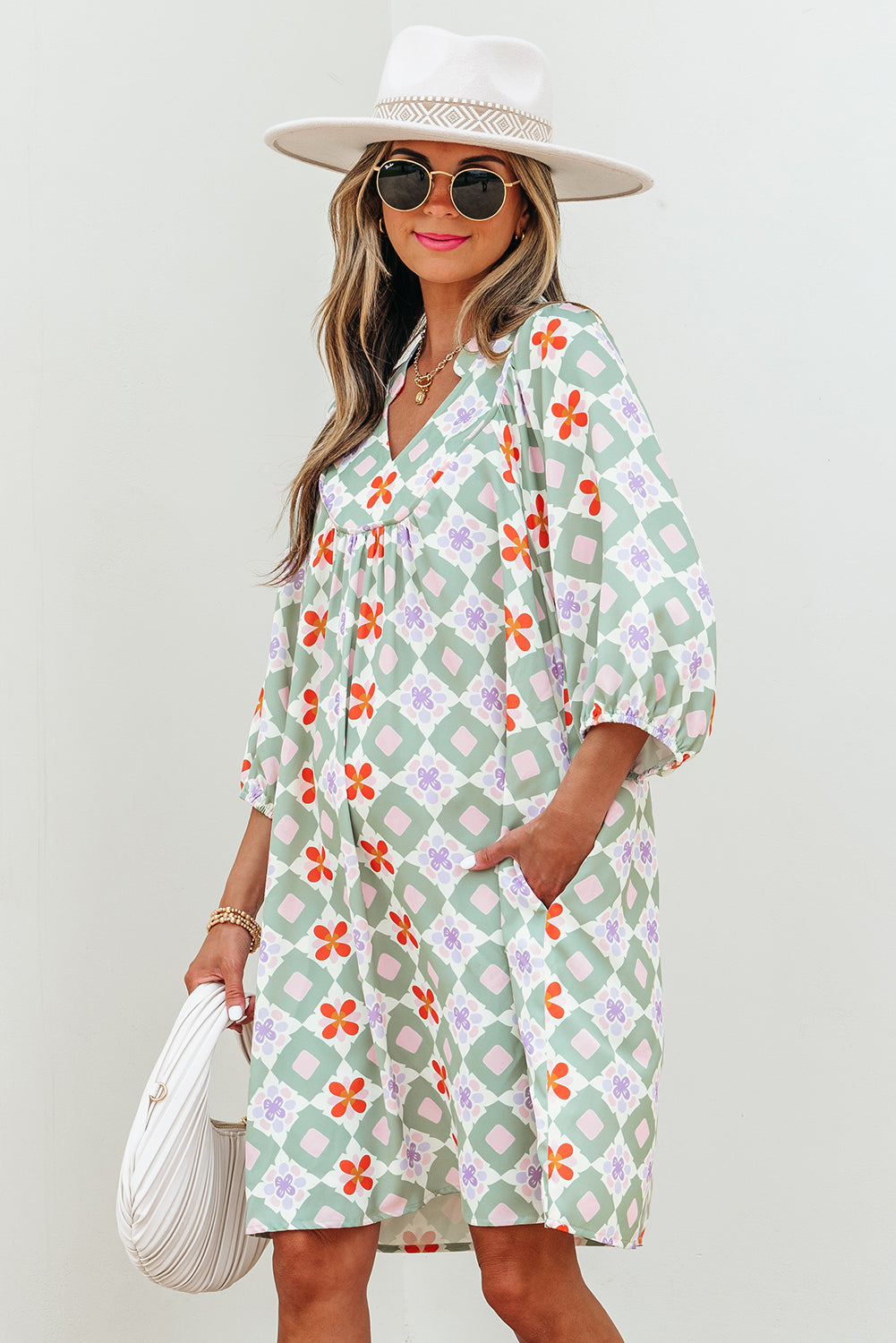 Green Geometric Floral Print 3/4 Sleeve Notched Neck Mini Dress
