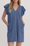 Blue Stripe Textured Knit V Neck Flutter Sleeve Shift Mini Dress
