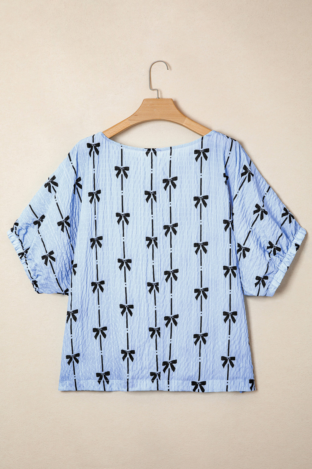 Beige Bow Print Puff Short Sleeve Top