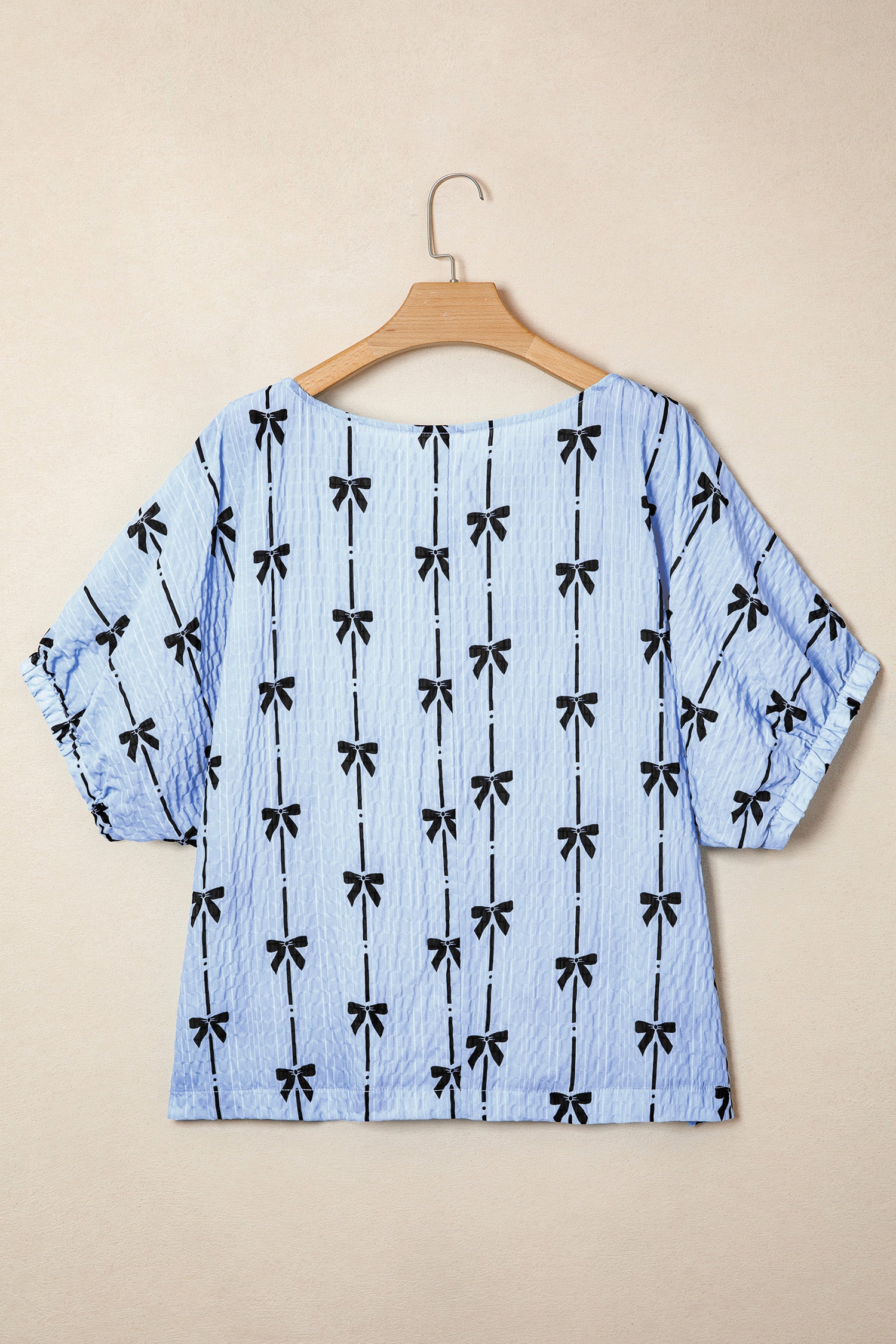 Beige Bow Print Puff Short Sleeve Top
