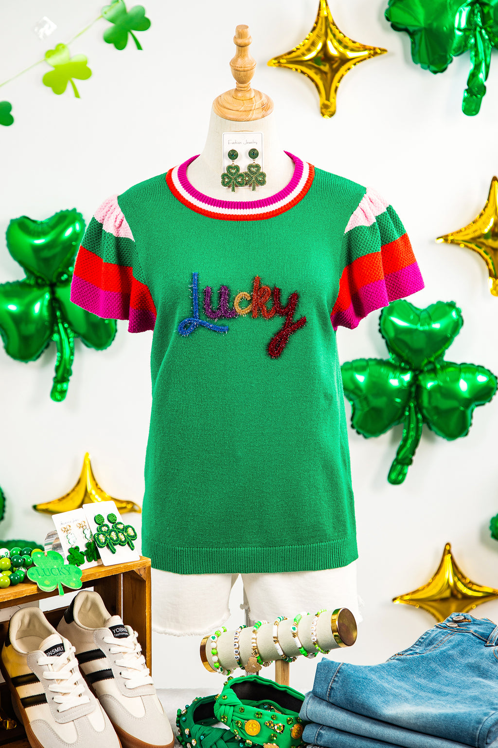 Bright Green Shiny Lucky Striped Flutter Sleeve Round Neck Sweater