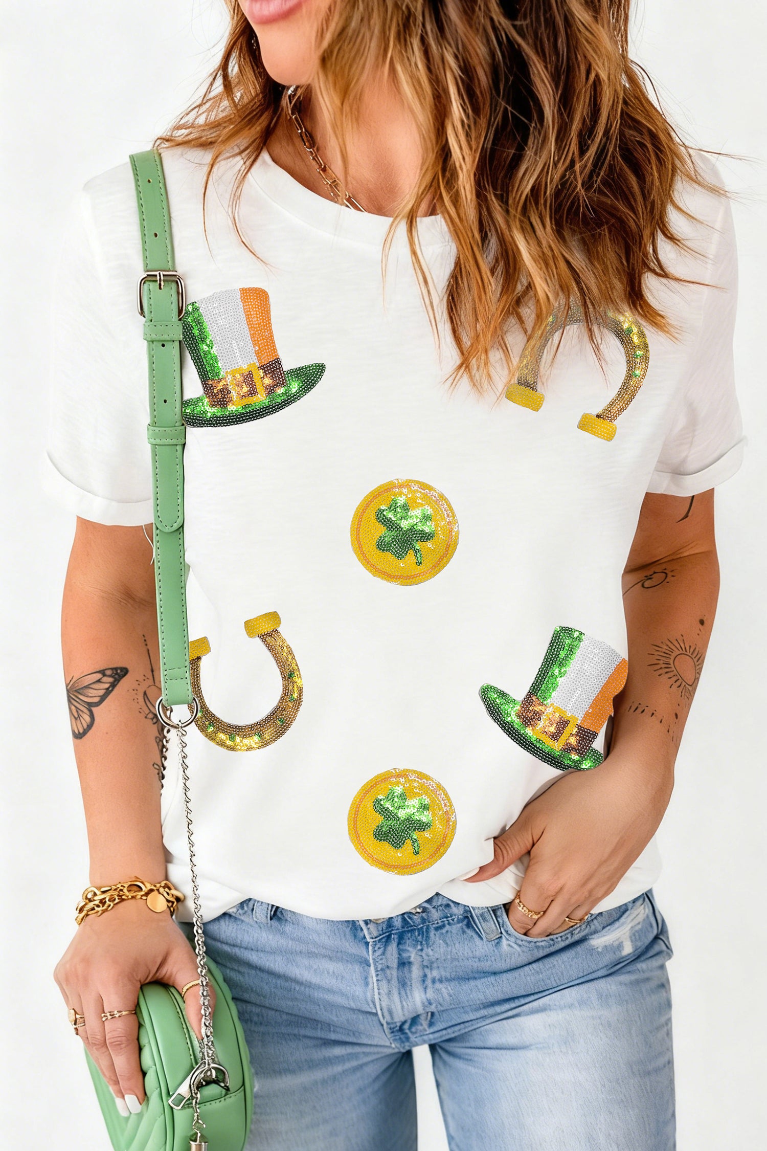 White St Patricks Day Sequin Graphic Casual T Shirt