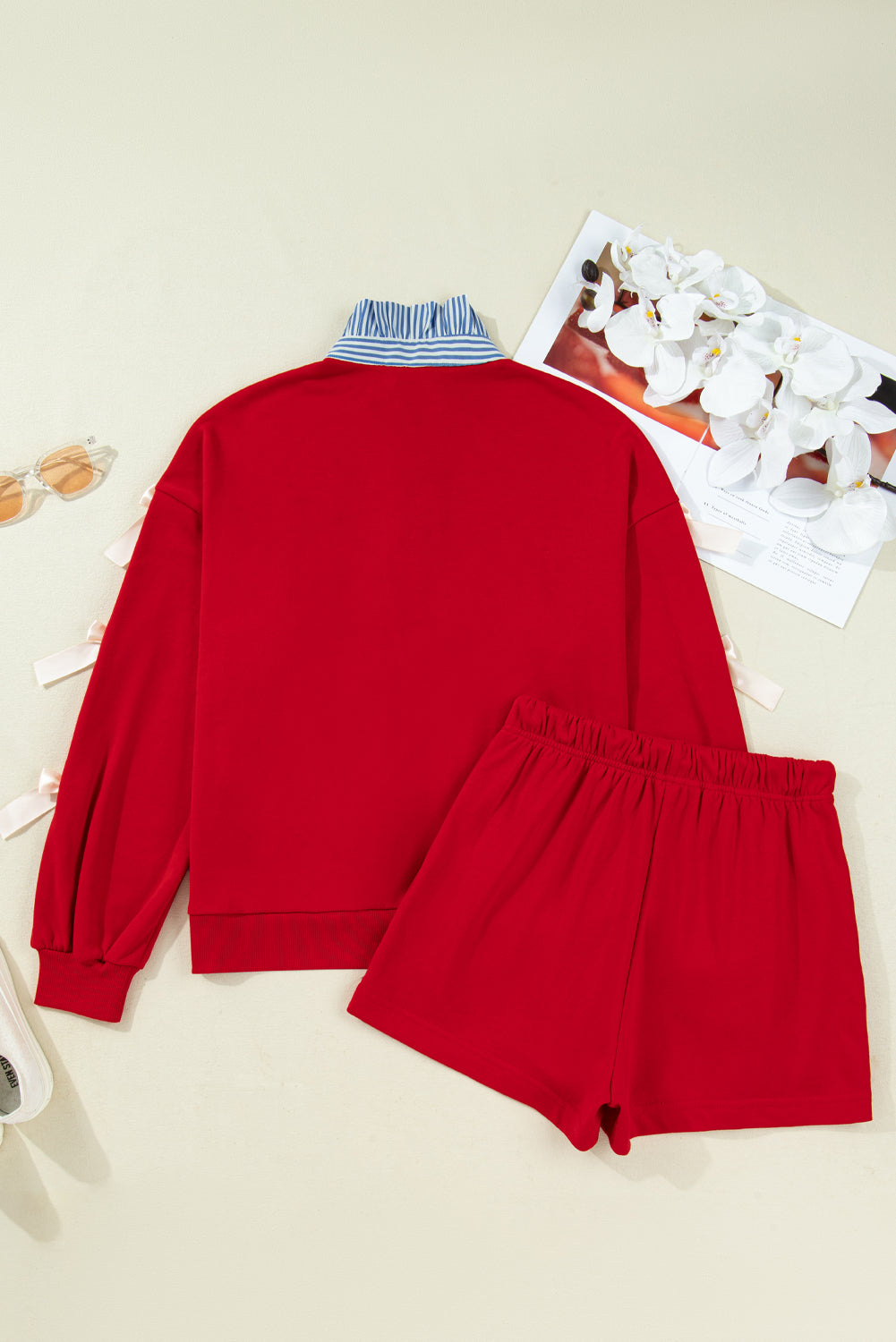 Racing Red Striped Collar Patchwork - Bow Sweatshirt and Shorts Set
