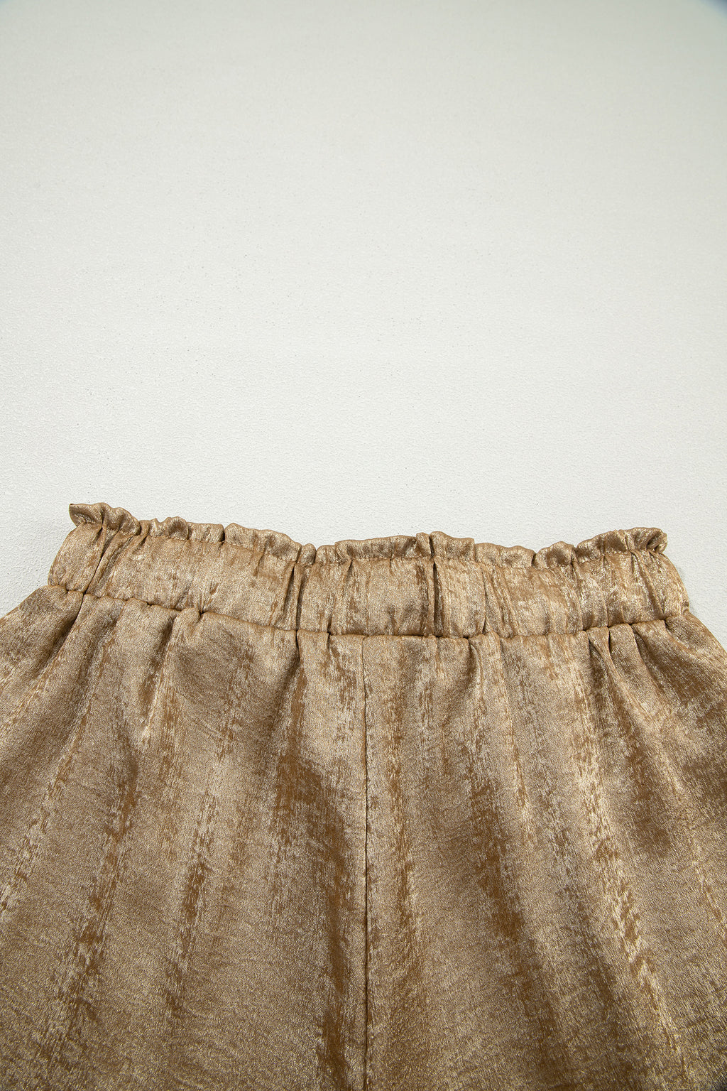 Gold Metallic Luster Tie Elastic Waist Cuffed Hem Shorts