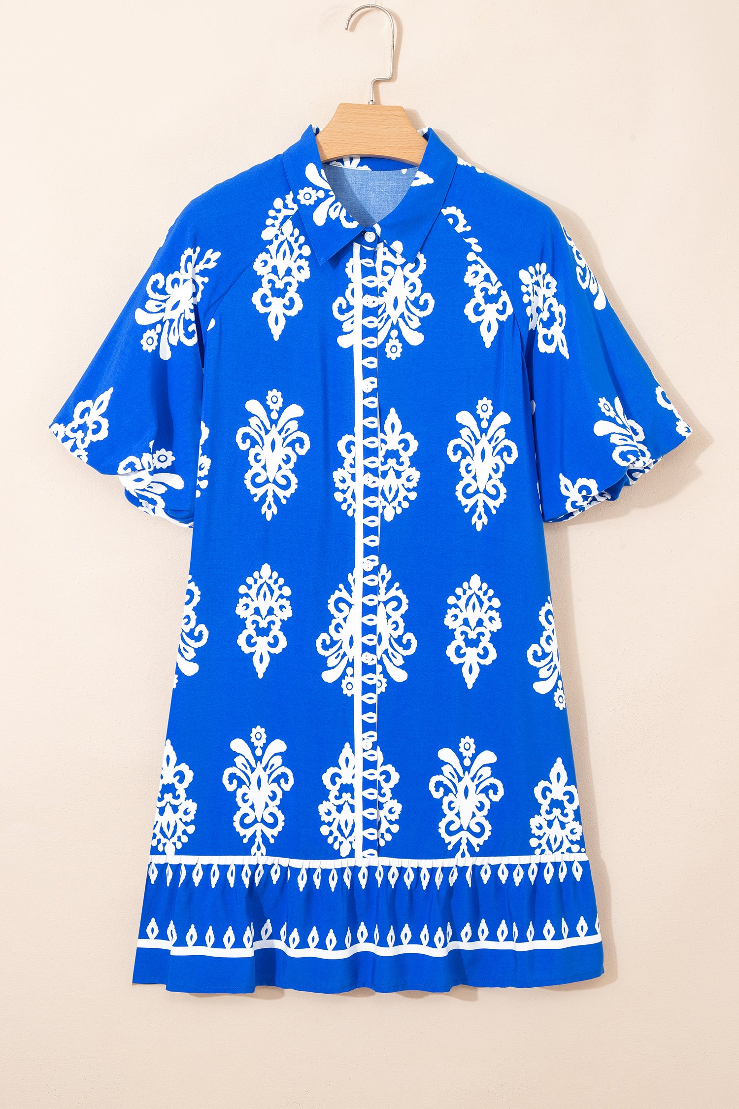 Blue Ethnic Geometric Print Collared Button Front Short Puff Sleeve Mini Dress