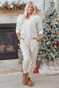 White Polka Dot Print Notched Neck Long Sleeve Top Drawstring Jogger Pants Waffle Knit Lounge Set