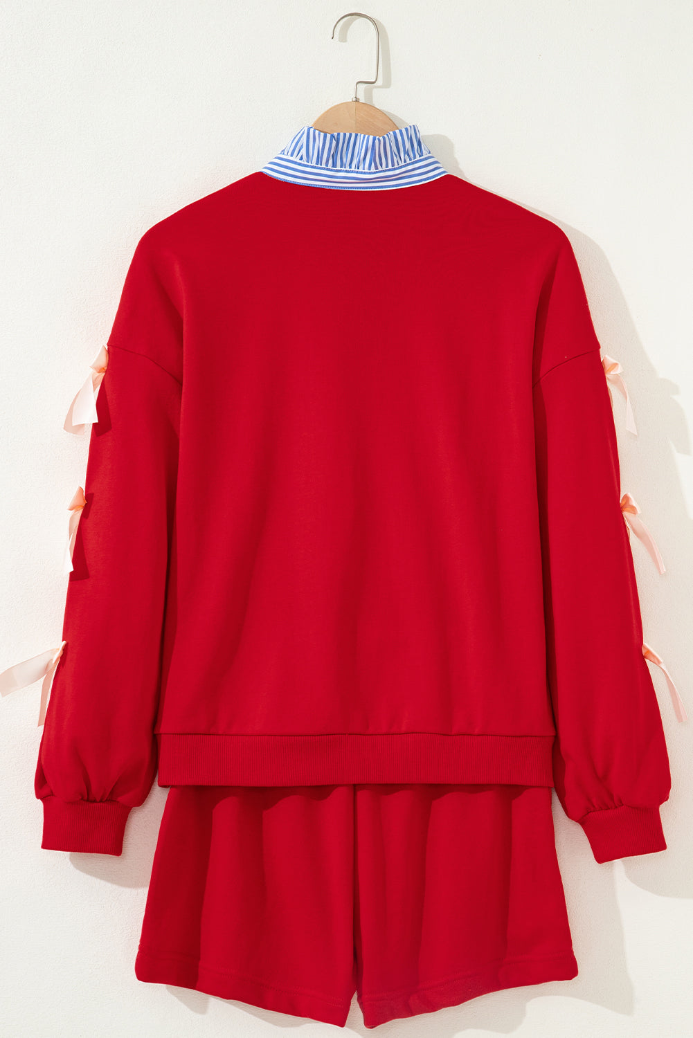 Racing Red Striped Collar Patchwork - Bow Sweatshirt and Shorts Set