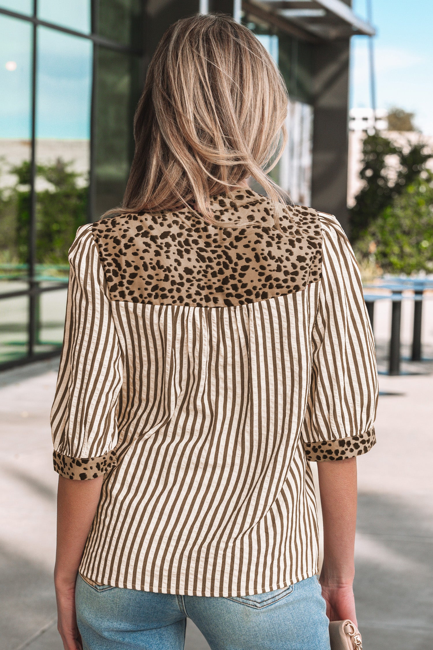 Sky Blue Stripe Leopard Trim V Neck Button Down Half Sleeve Shirt