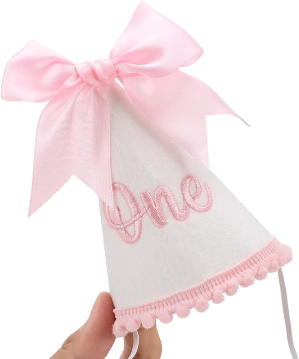 Pink Bow 1st Birthday Hat, Bow Girl 1st Birthday Hat, Pink Themed Decoration, Baby Girl Party Hat, Cake Smash Outfit(CXMZ-ONE-HDJ)