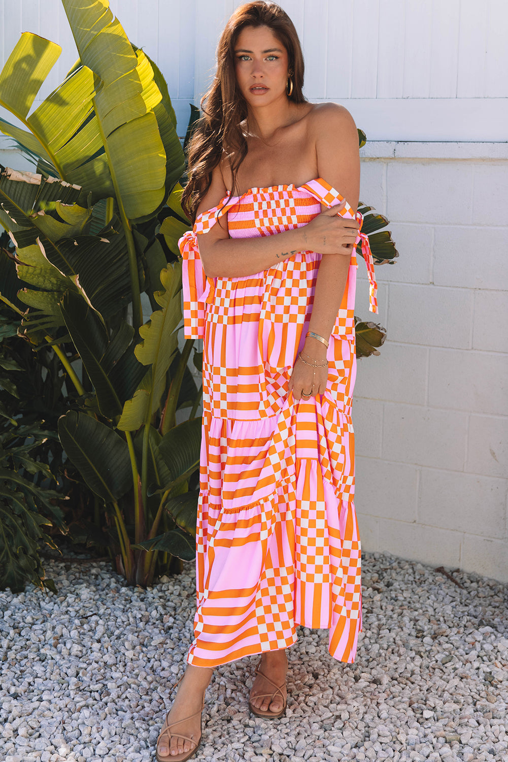 Pink Boho Gingham Tied Straps Smocked Maxi Dress