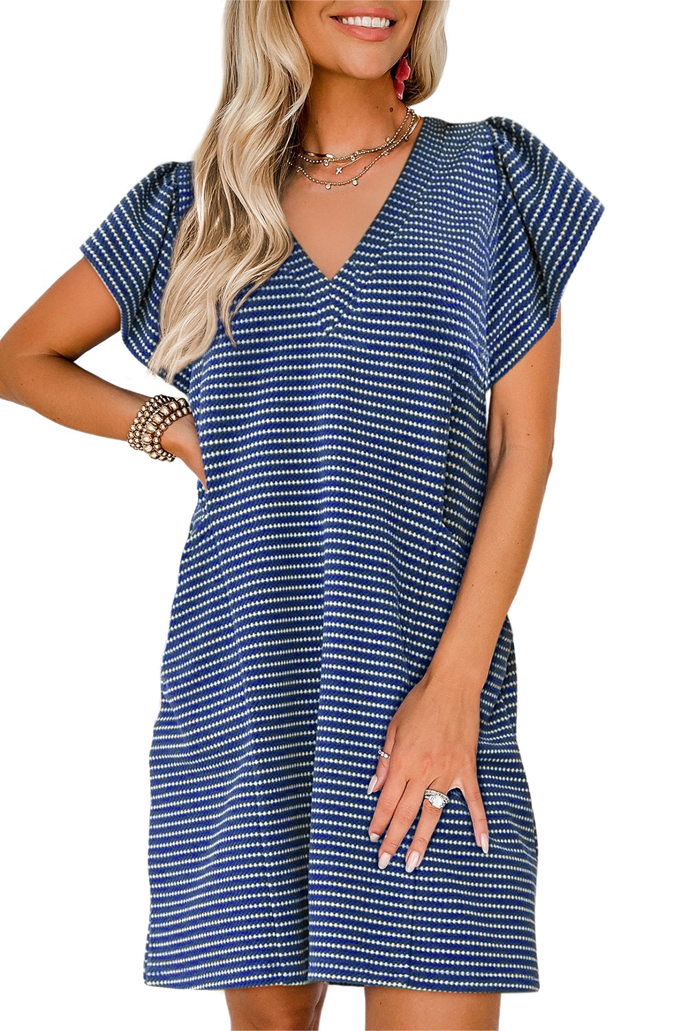 Blue Stripe Textured Knit V Neck Flutter Sleeve Shift Mini Dress