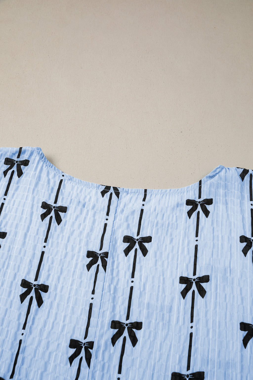 Beige Bow Print Puff Short Sleeve Top