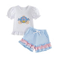 Toddler Baby Girl Summer Outfit Princess Car Embroidered Ruffled Puff Sleeve Tops Shorts Set 2Pcs Infant Clothes