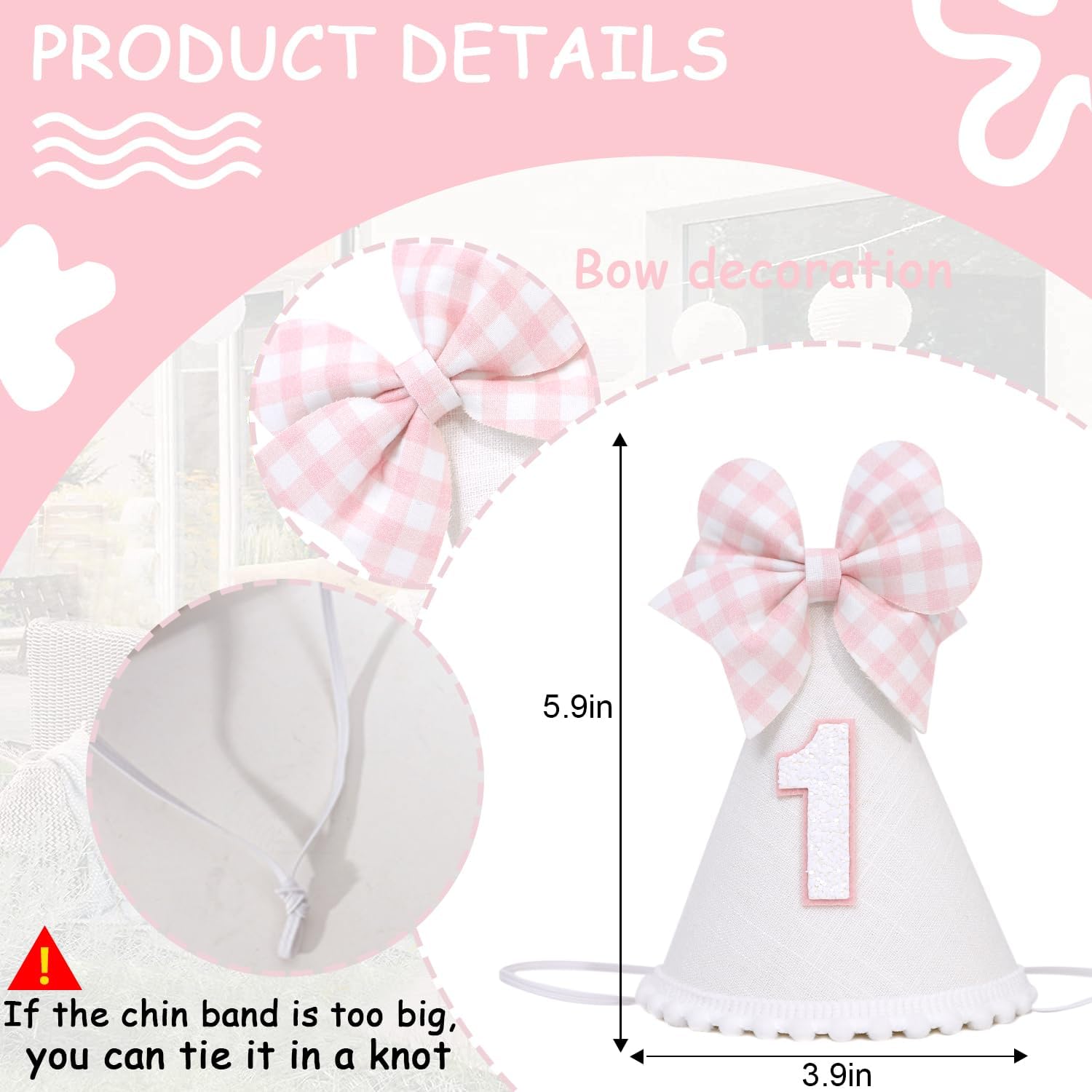 Pink Bow 1st Birthday Hat for Girls - Pink and White Theme First Brithday Decorations, Sweet One Theme Party Hat, Baby Girl Bday Decor (1st birthday hat)