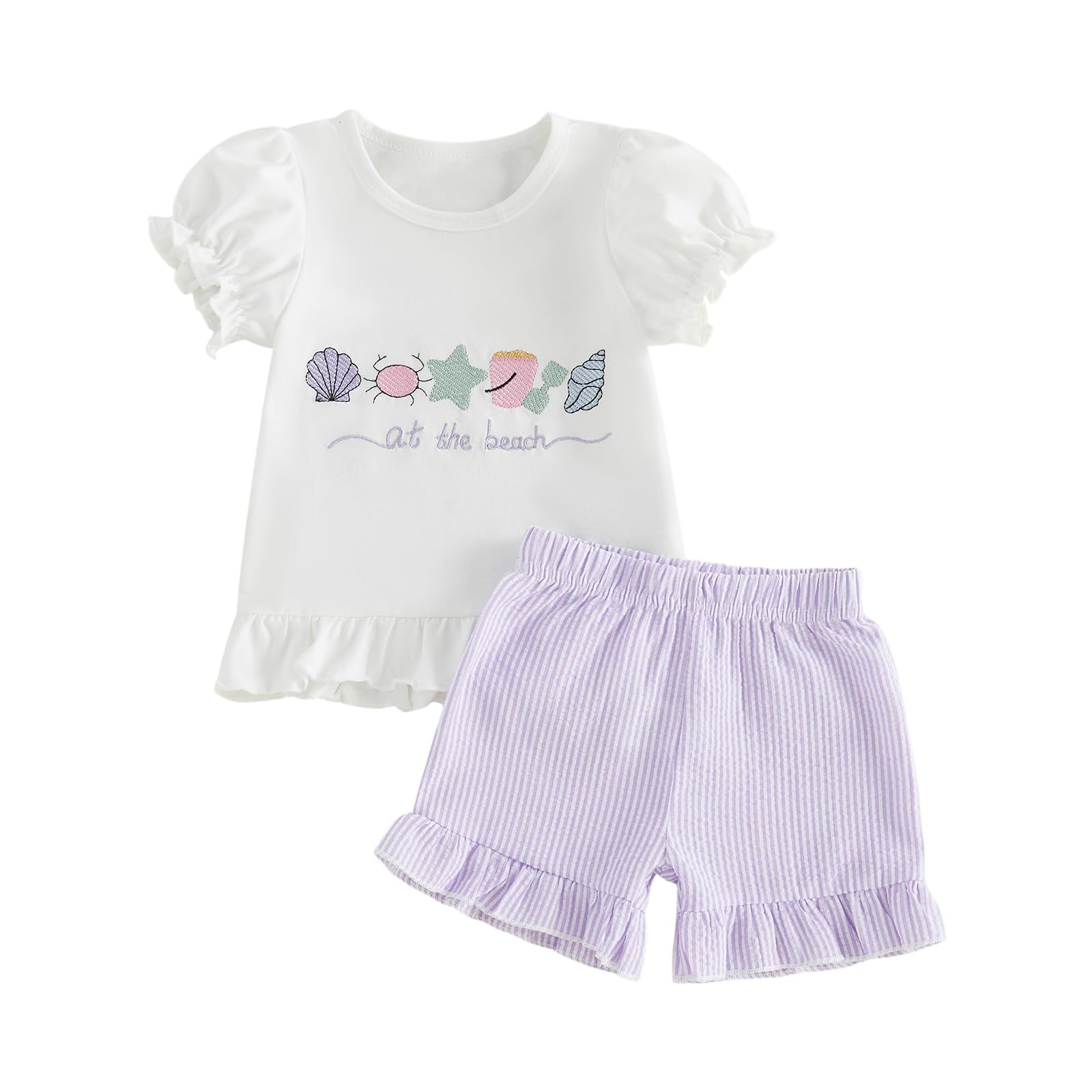 fhutpw Toddler Baby Girls Summer Clothes Smocked Short Sleeve T-Shirt Tops Ruffled Plaid Short Sets Cute Outfits 2Pcs