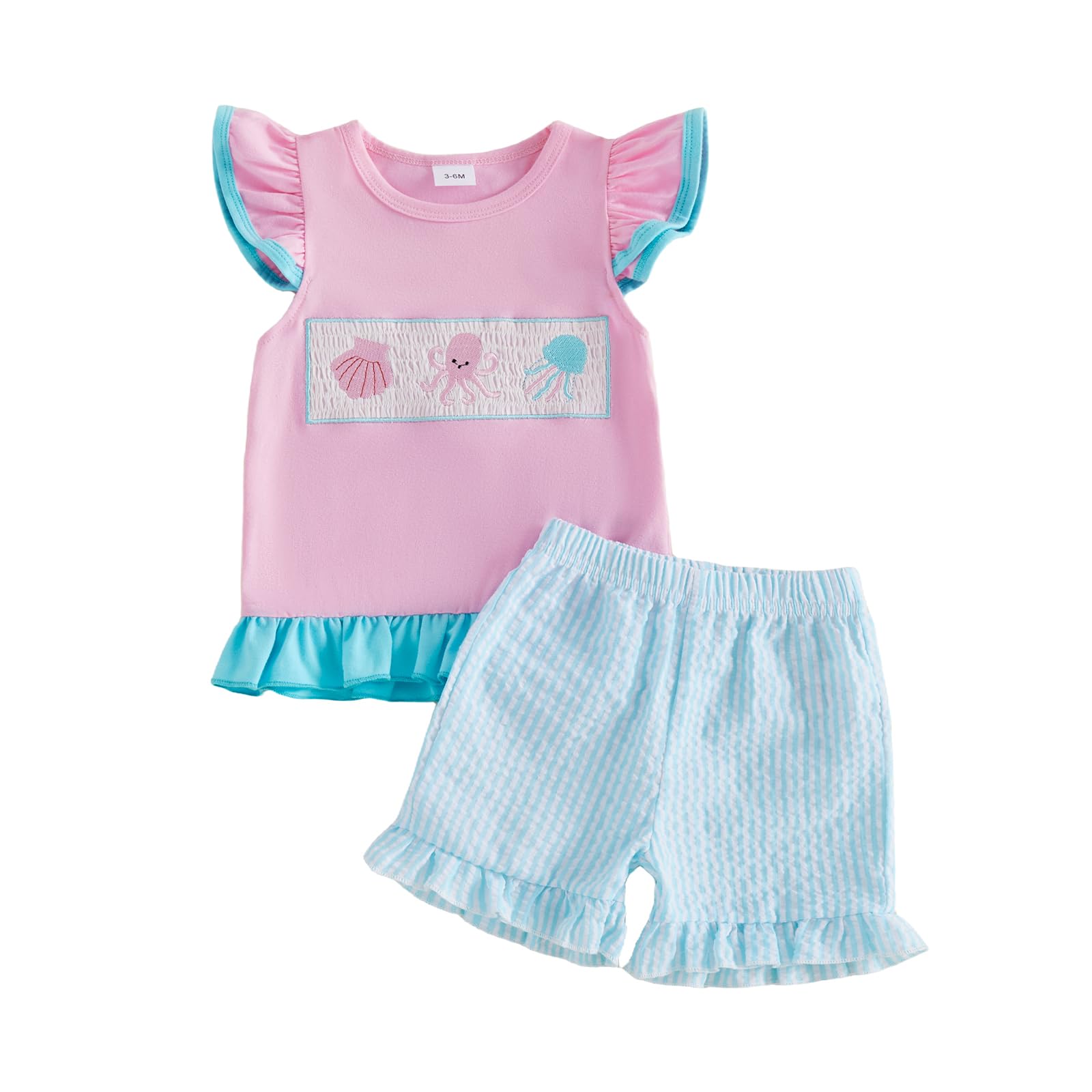 fhutpw Toddler Baby Girls Summer Clothes Smocked Short Sleeve T-Shirt Tops Ruffled Plaid Short Sets Cute Outfits 2Pcs