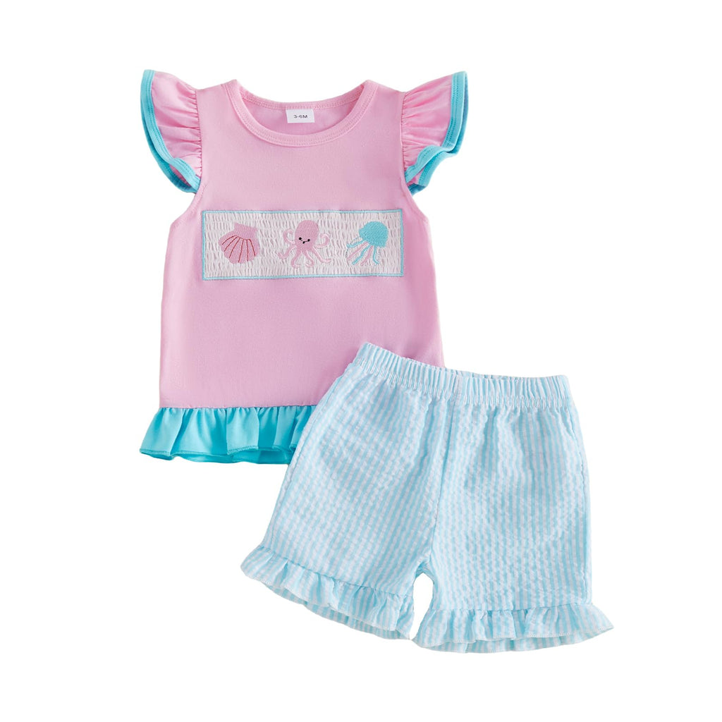 fhutpw Toddler Baby Girls Summer Clothes Smocked Short Sleeve T-Shirt Tops Ruffled Plaid Short Sets Cute Outfits 2Pcs