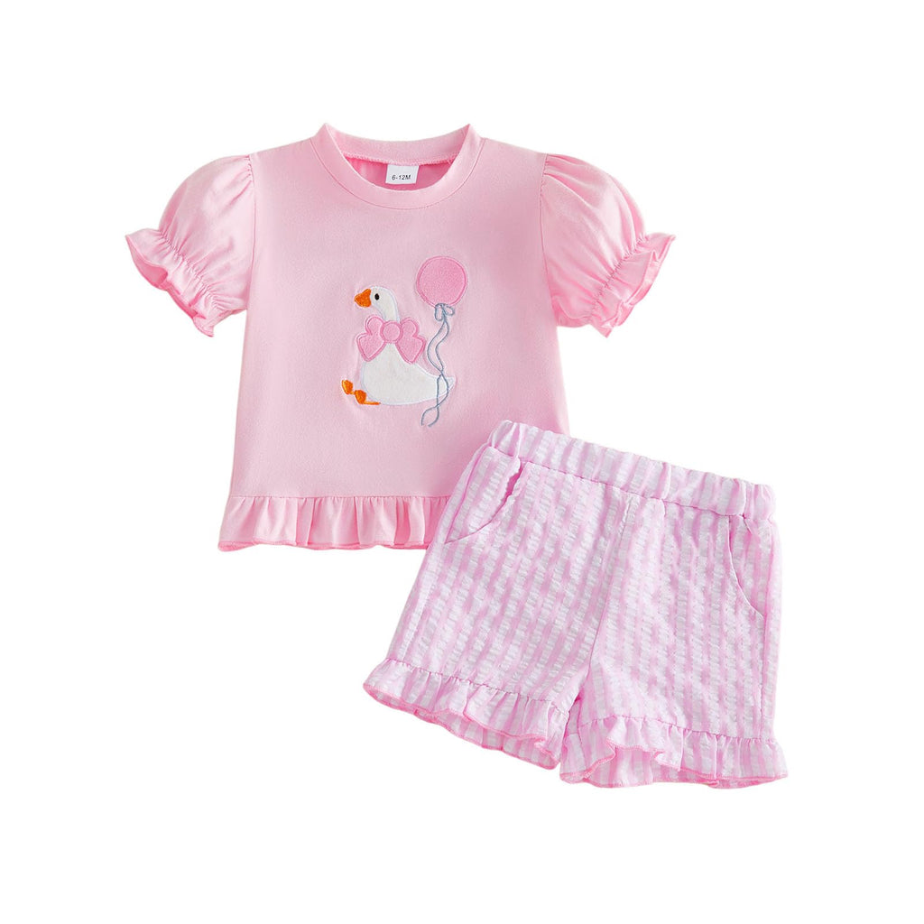 Rtnnsbbfcm Toddler Baby Girl Birthday Outfit Goose Embroidery Puff Sleeve Shirt Tops Ruffle Shorts Sets Cute Summer Clothes