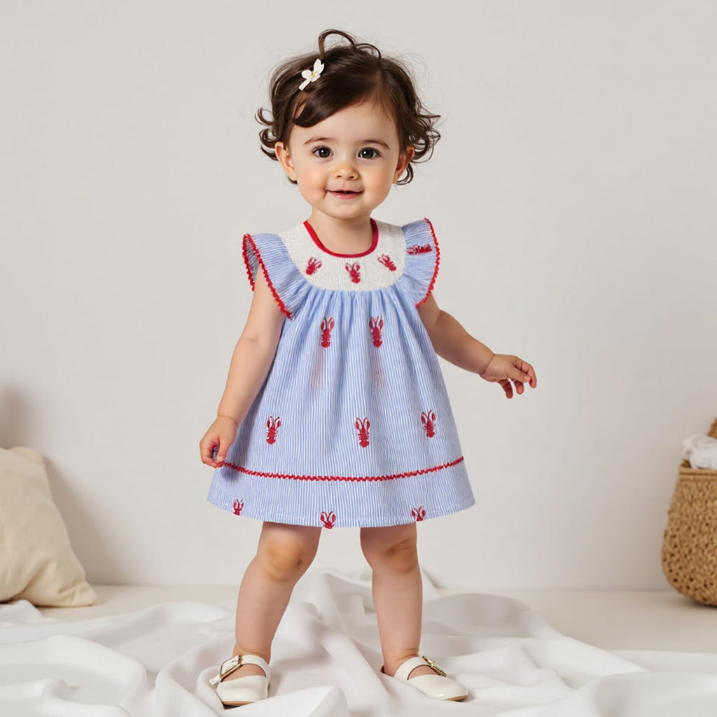 Toddler Baby Girl Crawfish Smocked Ruffle Short Sleeve Dress Lobster Plaid Princess Dresses Summer Outfits