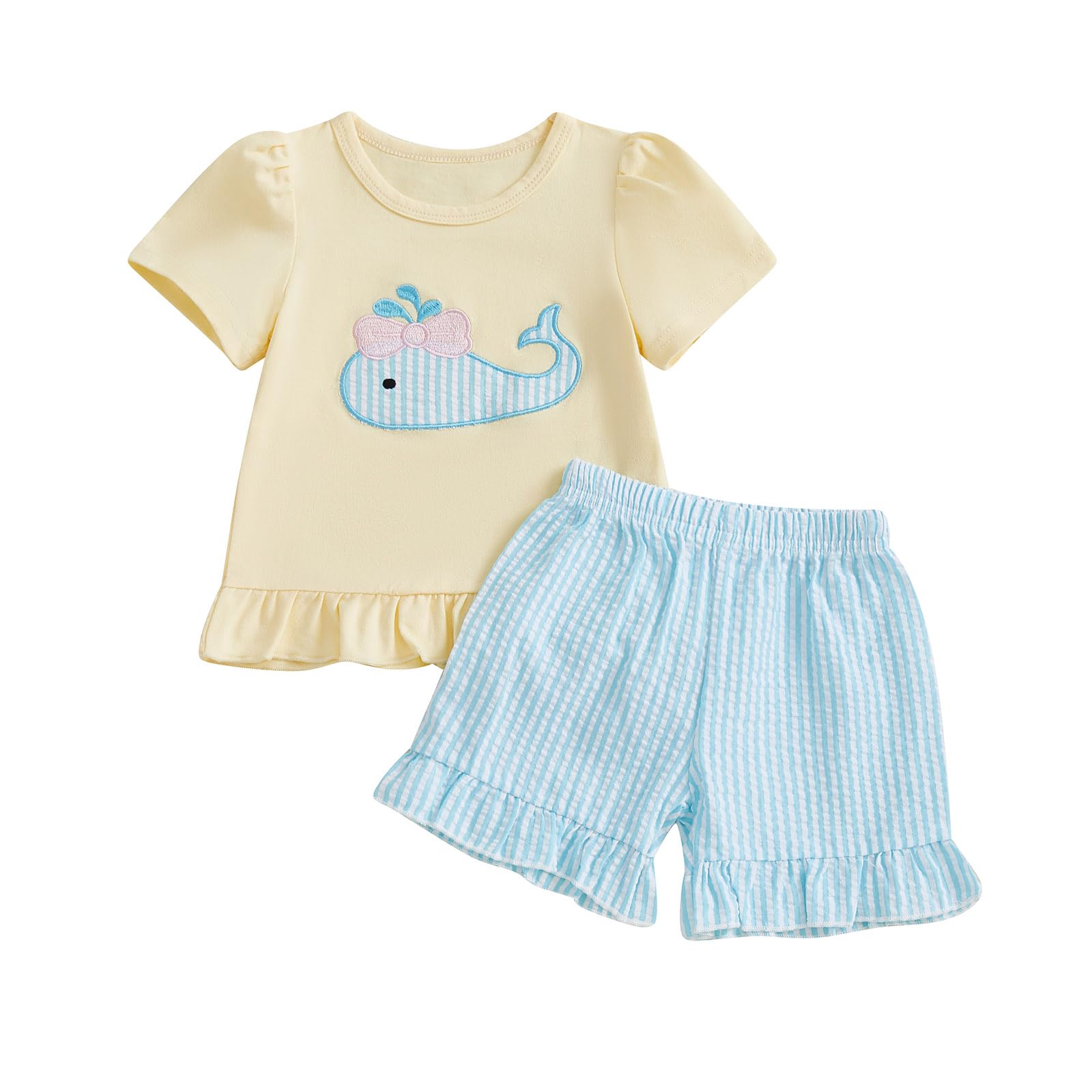 fhutpw Toddler Baby Girls Summer Clothes Smocked Short Sleeve T-Shirt Tops Ruffled Plaid Short Sets Cute Outfits 2Pcs