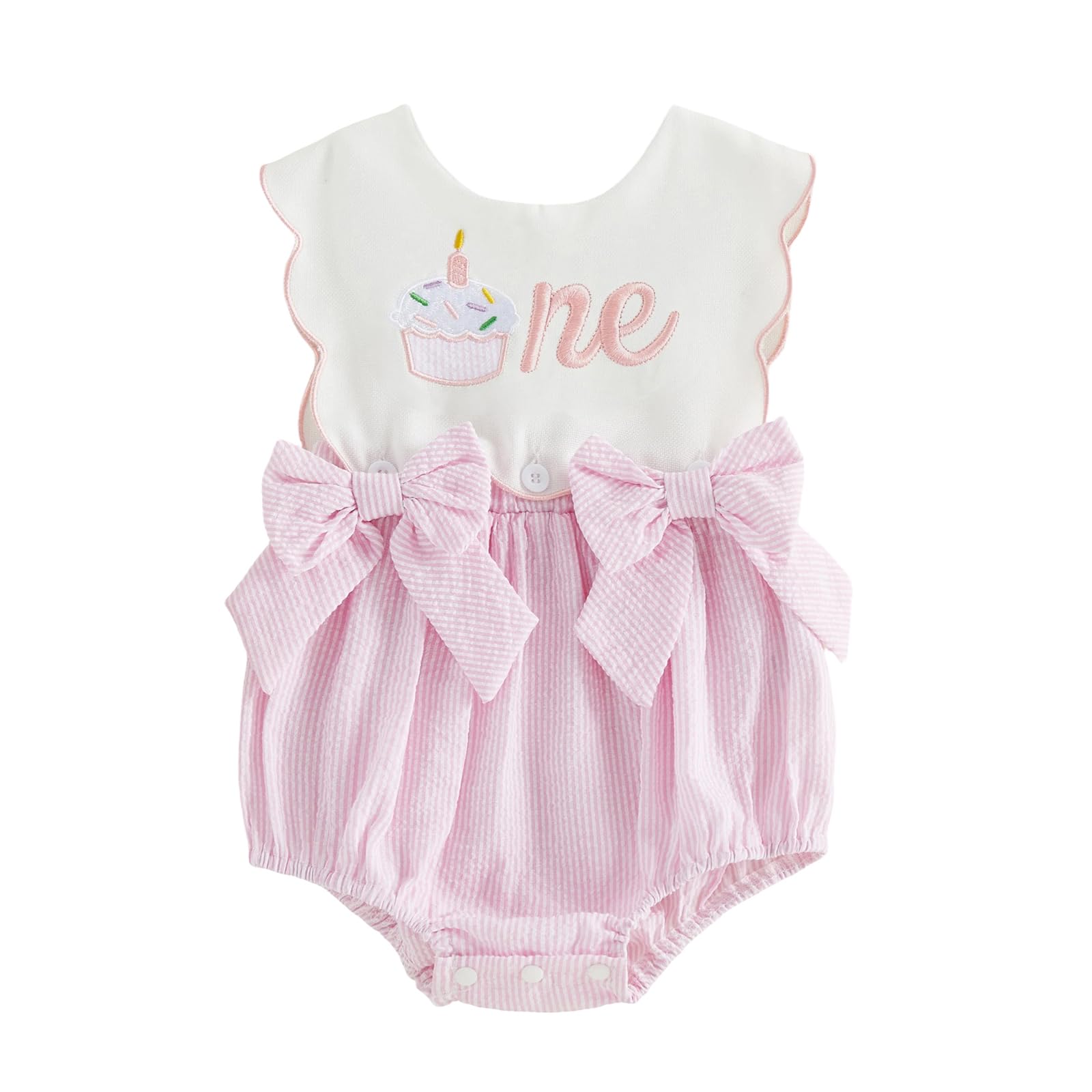 Toddler Baby Girl Birthday Outfit One Cake/Ice Cream/Animal Embroidery Romper Bow Stripe Bodysuit Cake Smash Outfit