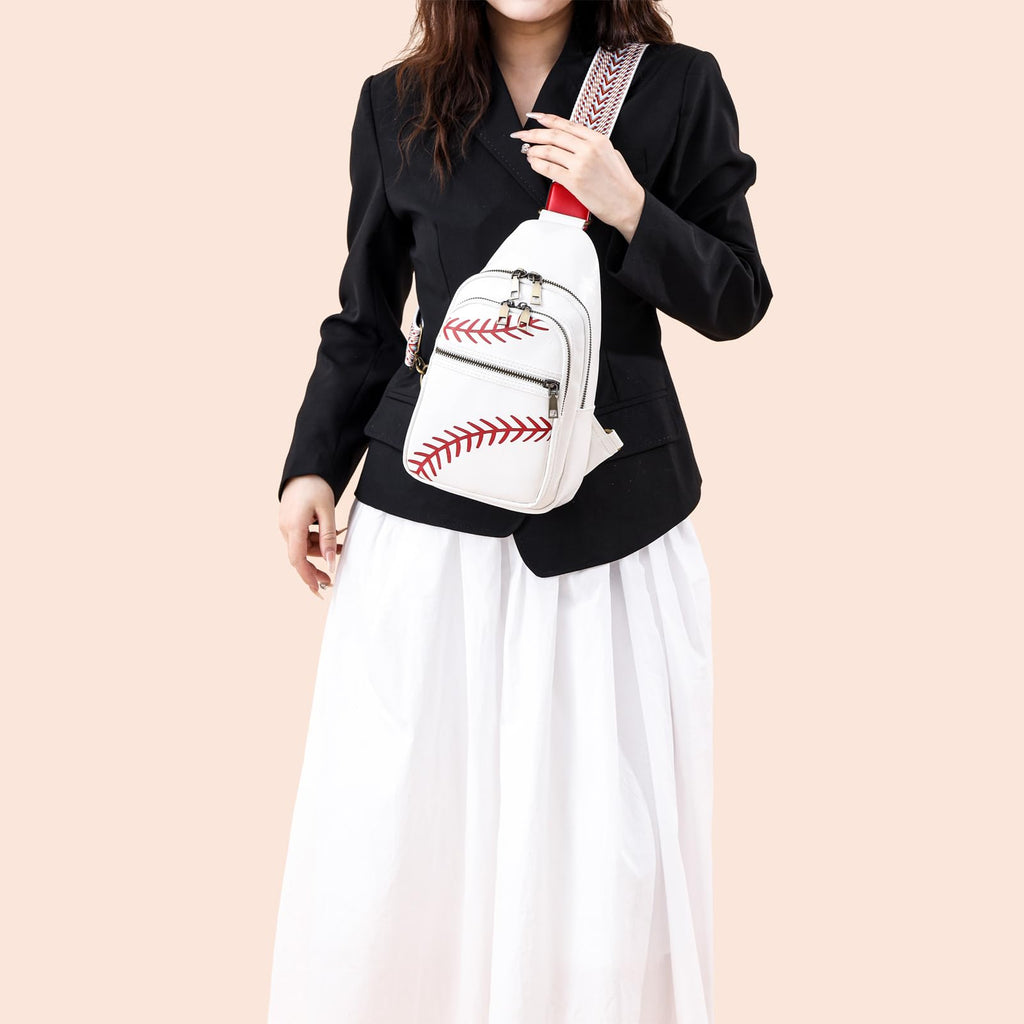 FAYBA Small Sling Bag for Women Crossbody Bag, Baseball Print PU Leather Wide Guitar Strap Chest Sling Backpack Purse