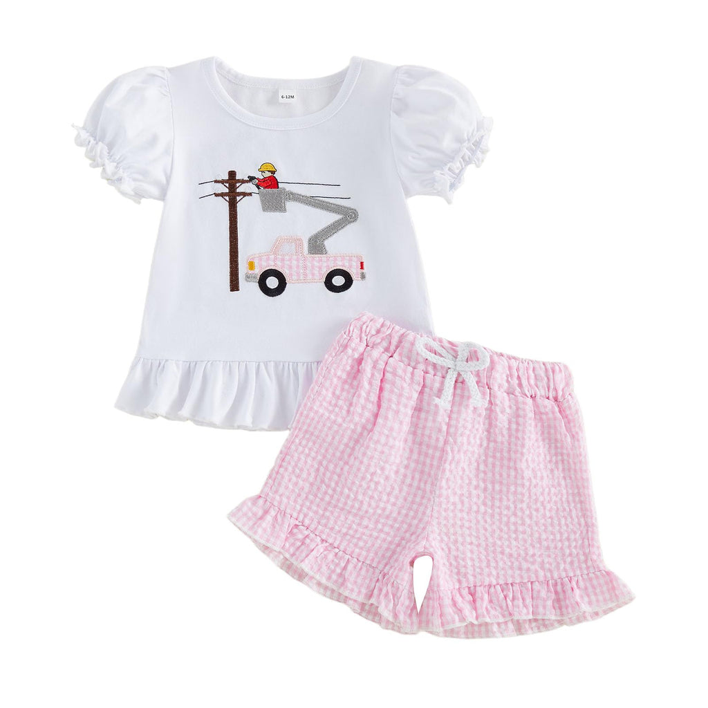 Bagilaanoe Toddler Baby Girl Puff Short Sleeve T-Shirt+ Plaid Shorts Castle/Lineworker Embroidery Clothes 2PCS Outfit Set