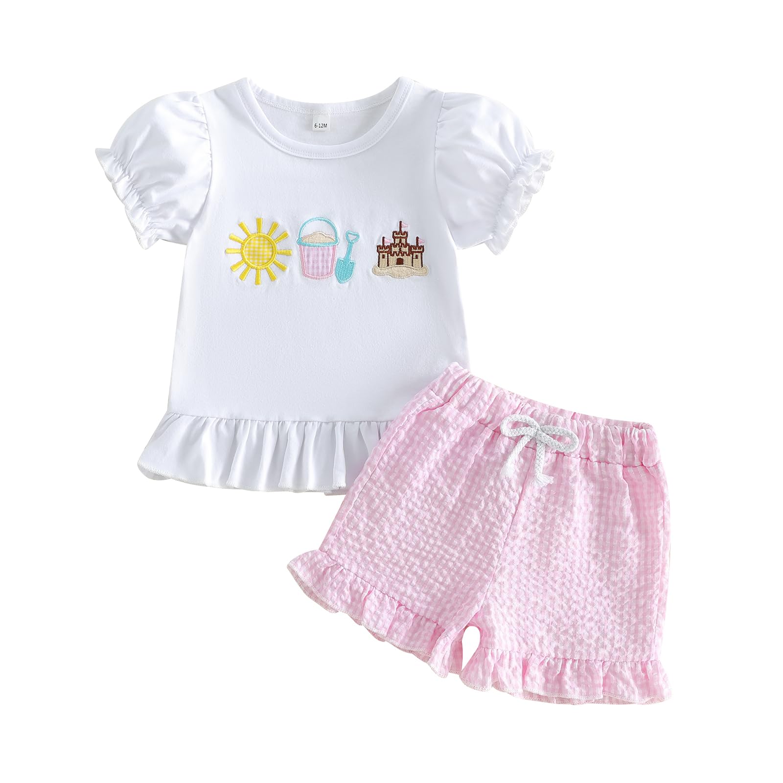Bagilaanoe Toddler Baby Girl Puff Short Sleeve T-Shirt+ Plaid Shorts Castle/Lineworker Embroidery Clothes 2PCS Outfit Set