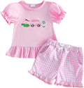 Toddler Baby Girl Golf Outfit Embroidered Ruffle Short Sleeve T Shirt Top Plaid Shorts 2 Piece Set Summer Clothes