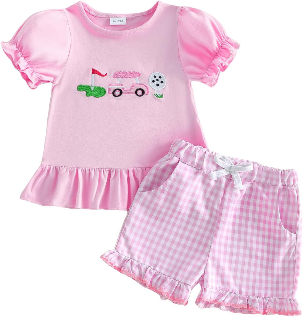 Toddler Baby Girl Golf Outfit Embroidered Ruffle Short Sleeve T Shirt Top Plaid Shorts 2 Piece Set Summer Clothes