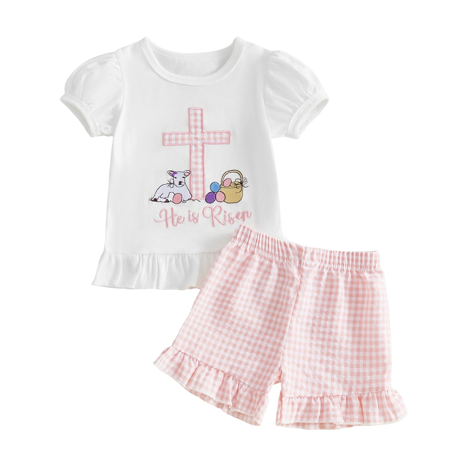 fhutpw Toddler Baby Girls Summer Clothes Smocked Short Sleeve T-Shirt Tops Ruffled Plaid Short Sets Cute Outfits 2Pcs