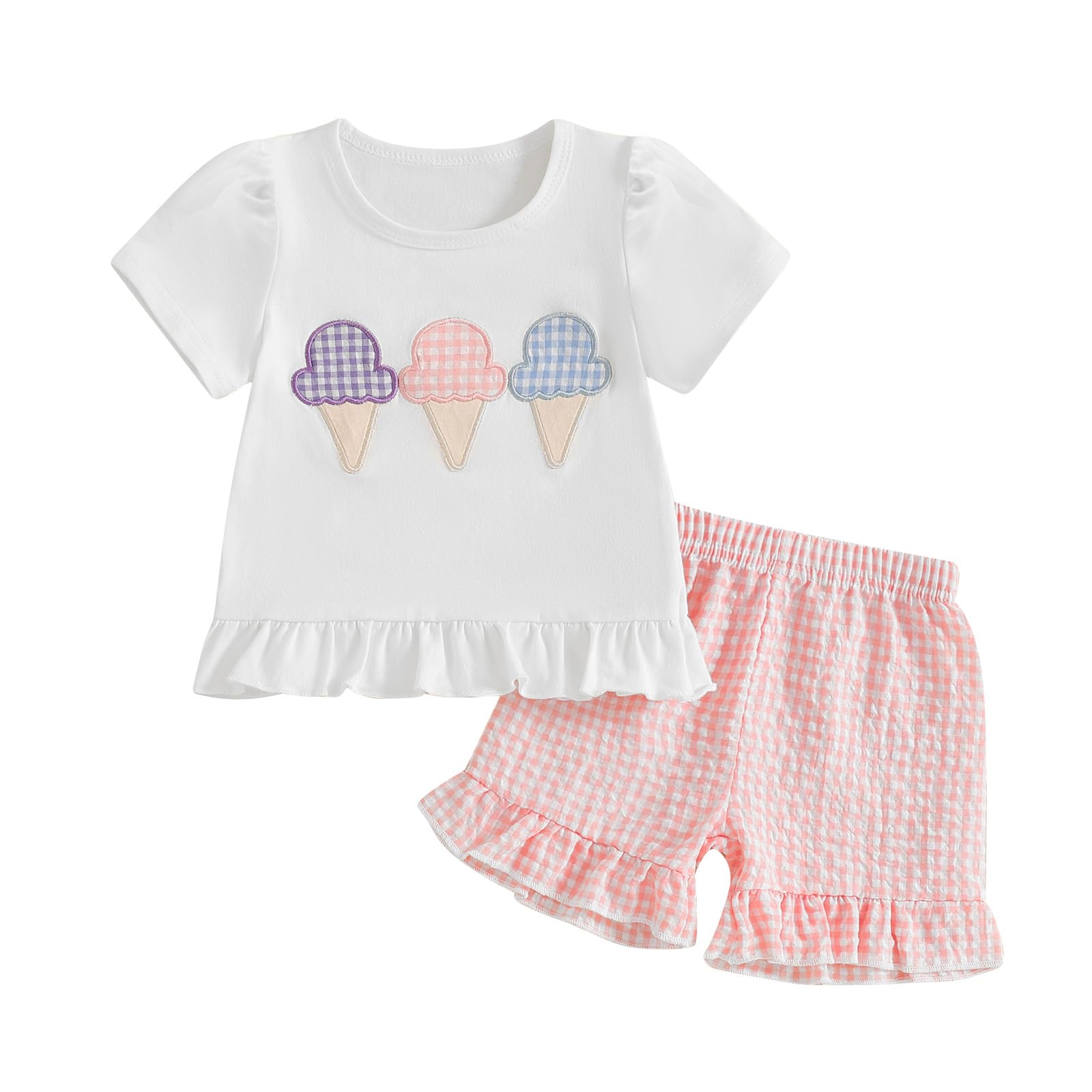 fhutpw Toddler Baby Girls Summer Clothes Smocked Short Sleeve T-Shirt Tops Ruffled Plaid Short Sets Cute Outfits 2Pcs