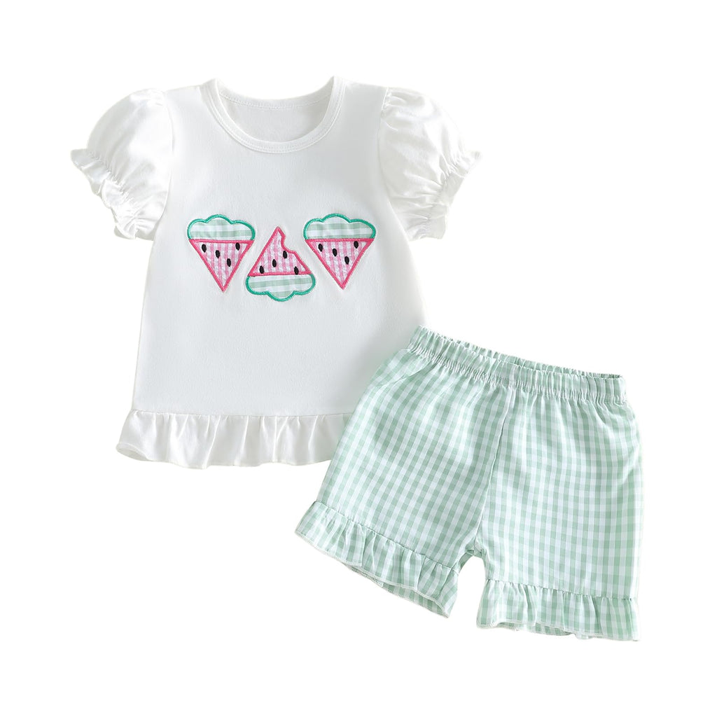fhutpw Toddler Baby Girls Summer Clothes Smocked Short Sleeve T-Shirt Tops Ruffled Plaid Short Sets Cute Outfits 2Pcs
