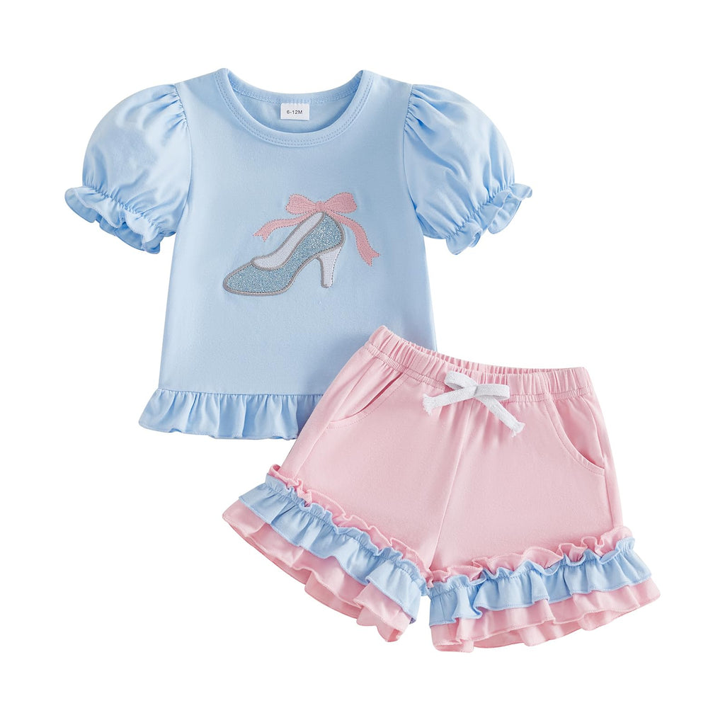 Toddler Baby Girl Summer Outfit Princess Car Embroidered Ruffled Puff Sleeve Tops Shorts Set 2Pcs Infant Clothes