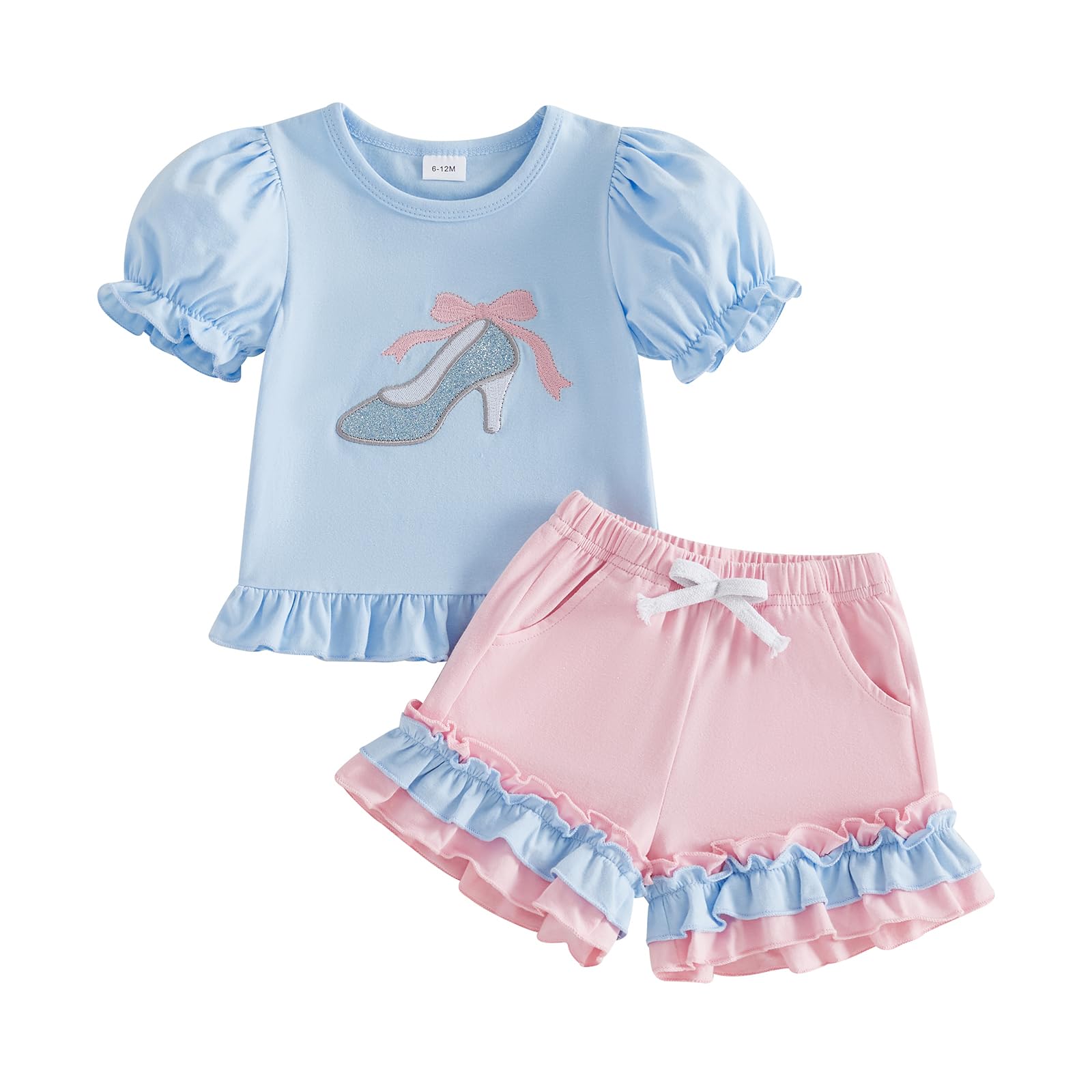 fhutpw Toddler Baby Girls Summer Clothes Smocked Short Sleeve T-Shirt Tops Ruffled Plaid Short Sets Cute Outfits 2Pcs