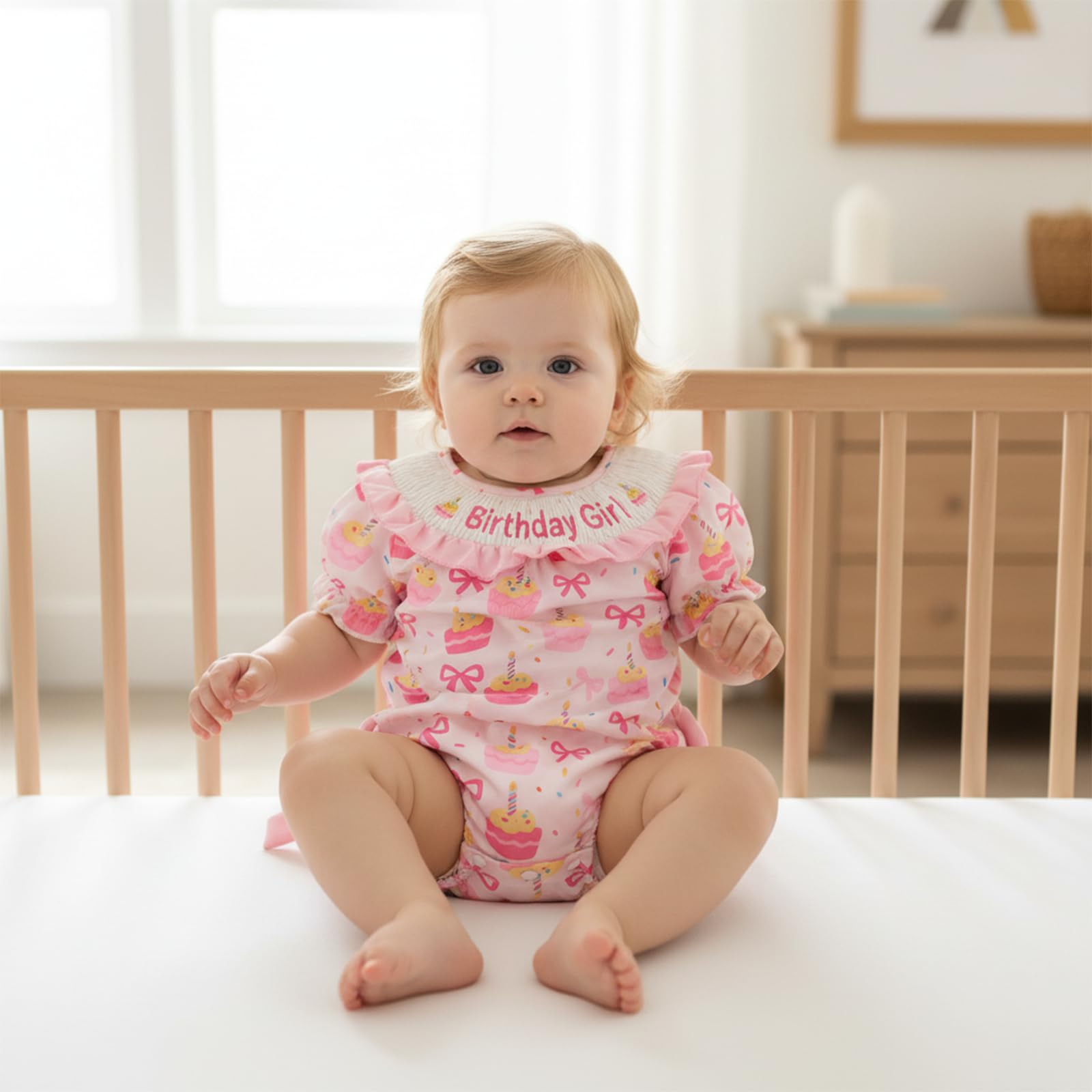BemeyourBBs Baby Girl First Birthday Outfit 1st Birthday Cake Smocked Romper Jumpsuit One Year Clothes