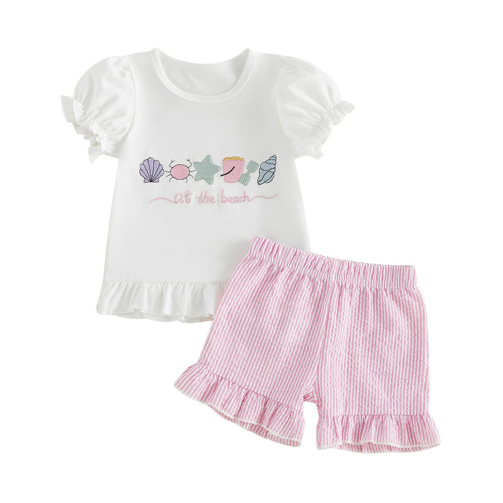 fhutpw Toddler Baby Girls Summer Clothes Smocked Short Sleeve T-Shirt Tops Ruffled Plaid Short Sets Cute Outfits 2Pcs