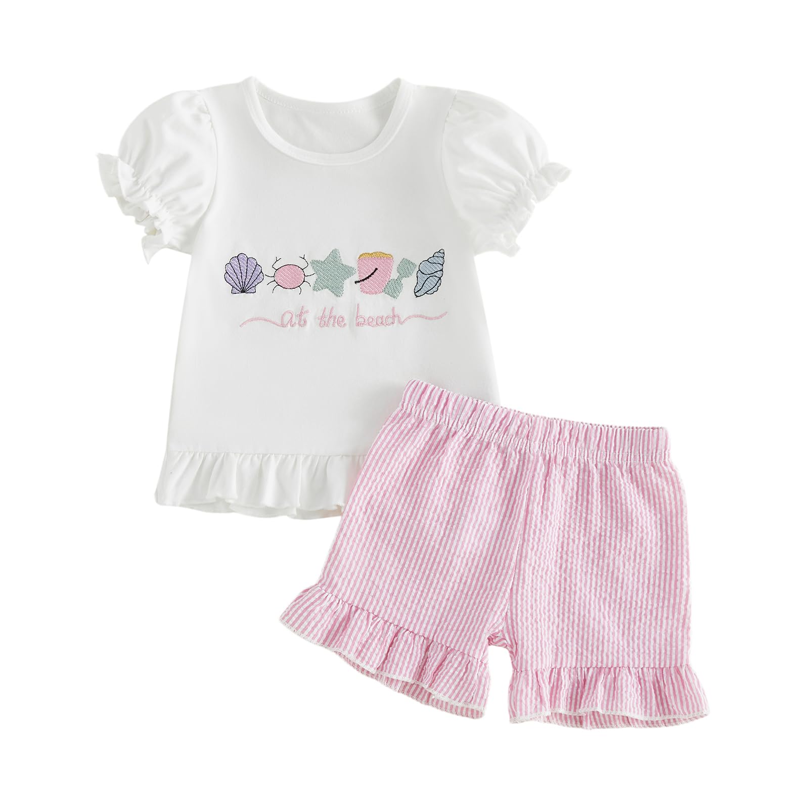 fhutpw Toddler Baby Girls Summer Clothes Smocked Short Sleeve T-Shirt Tops Ruffled Plaid Short Sets Cute Outfits 2Pcs
